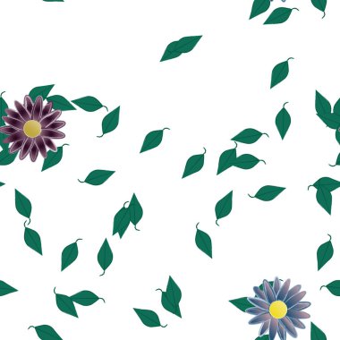 Basit renkli çiçekleri ve tek renkli arka planda yeşil yaprakları olan güzel kompozisyon, vektör illüstrasyonu