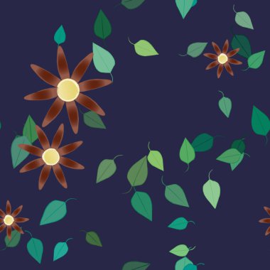 Basit renkli çiçekleri ve tek renkli arka planda yeşil yaprakları olan güzel kompozisyon, vektör illüstrasyonu