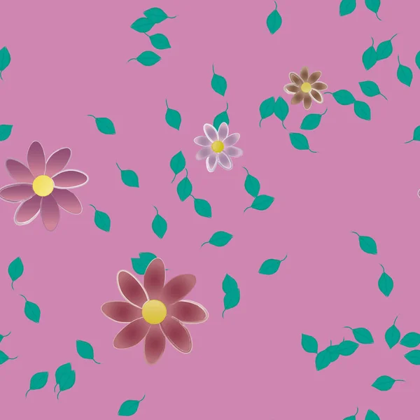 Piękna Kompozycja Prostymi Kolorowymi Kwiatami Zielonymi Liśćmi Monochromatycznym Tle Ilustracja — Wektor stockowy