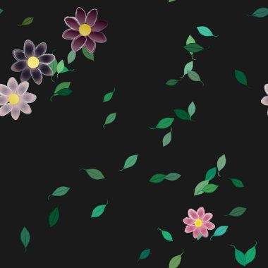 Basit renkli çiçekleri ve tek renkli arka planda yeşil yaprakları olan güzel kompozisyon, vektör illüstrasyonu