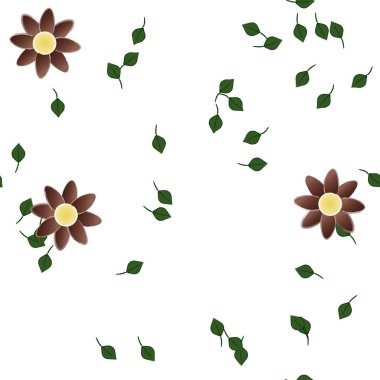 Basit renkli çiçekleri ve tek renkli arka planda yeşil yaprakları olan güzel kompozisyon, vektör illüstrasyonu