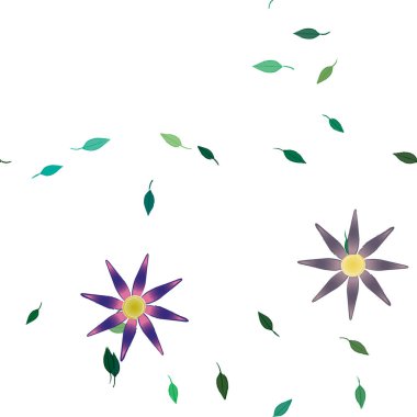 Basit renkli çiçekleri ve tek renkli arka planda yeşil yaprakları olan güzel kompozisyon, vektör illüstrasyonu