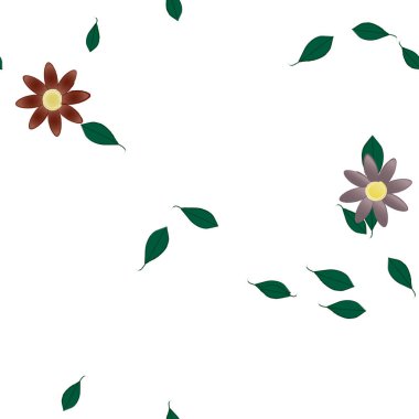 Basit renkli çiçekleri ve tek renkli arka planda yeşil yaprakları olan güzel kompozisyon, vektör illüstrasyonu