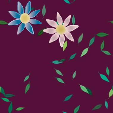 Basit renkli çiçekleri ve tek renkli arka planda yeşil yaprakları olan güzel kompozisyon, vektör illüstrasyonu