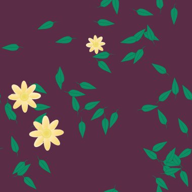 Basit renkli çiçekleri ve tek renkli arka planda yeşil yaprakları olan güzel kompozisyon, vektör illüstrasyonu