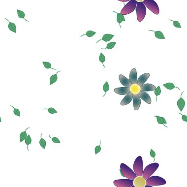 Basit renkli çiçekleri ve tek renkli arka planda yeşil yaprakları olan güzel kompozisyon, vektör illüstrasyonu