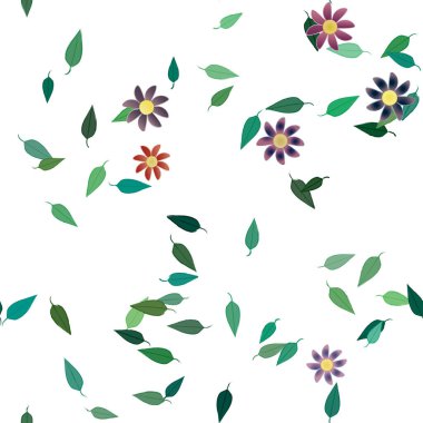 Basit renkli çiçekleri ve tek renkli arka planda yeşil yaprakları olan güzel kompozisyon, vektör illüstrasyonu