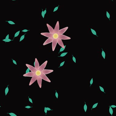 Basit renkli çiçekleri ve tek renkli arka planda yeşil yaprakları olan güzel kompozisyon, vektör illüstrasyonu