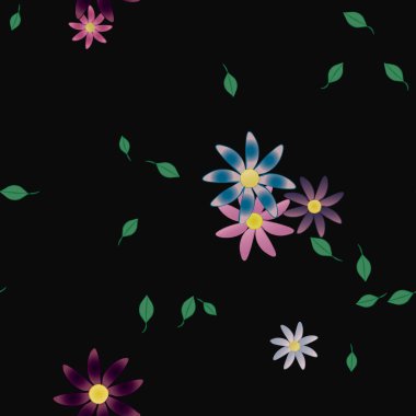 Basit renkli çiçekleri ve tek renkli arka planda yeşil yaprakları olan güzel kompozisyon, vektör illüstrasyonu