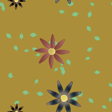 Basit renkli çiçekleri ve tek renkli arka planda yeşil yaprakları olan güzel kompozisyon, vektör illüstrasyonu