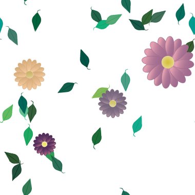 Basit renkli çiçekleri ve tek renkli arka planda yeşil yaprakları olan güzel kompozisyon, vektör illüstrasyonu