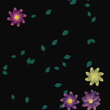 Çiçekler ve yapraklar içinde yüzen çiçeklerin vektör illüstrasyonu, düz arkaplanda dijital duvar kağıdı