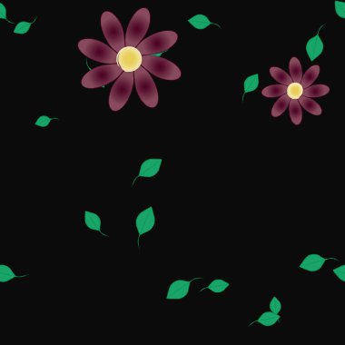 Çiçekler ve yapraklar içinde yüzen çiçeklerin vektör illüstrasyonu, düz arkaplanda dijital duvar kağıdı