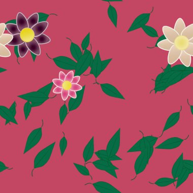 Çiçekler ve yapraklar içinde yüzen çiçeklerin vektör illüstrasyonu, düz arkaplanda dijital duvar kağıdı