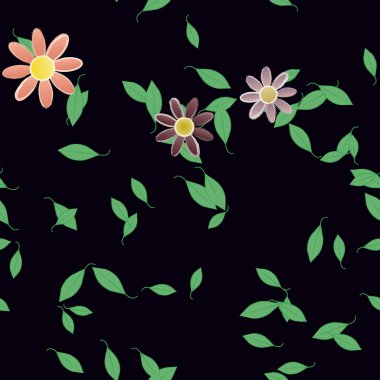 Çiçekler ve yapraklar içinde yüzen çiçeklerin vektör illüstrasyonu, düz arkaplanda dijital duvar kağıdı