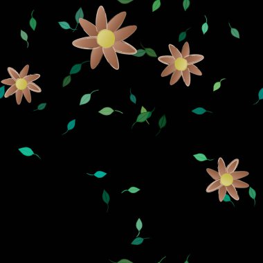 Çiçekler ve yapraklar içinde yüzen çiçeklerin vektör illüstrasyonu, düz arkaplanda dijital duvar kağıdı