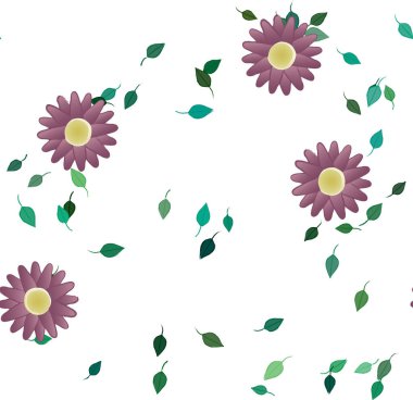 Çiçekler ve yapraklar içinde yüzen çiçeklerin vektör illüstrasyonu, düz arkaplanda dijital duvar kağıdı