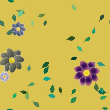 Çiçekler ve yapraklar içinde yüzen çiçeklerin vektör illüstrasyonu, düz arkaplanda dijital duvar kağıdı
