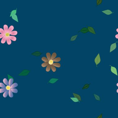 Çiçekler ve yapraklar içinde yüzen çiçeklerin vektör illüstrasyonu, düz arkaplanda dijital duvar kağıdı