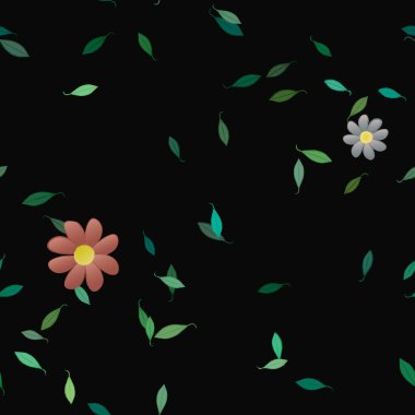 Çiçekler ve yapraklar içinde yüzen çiçeklerin vektör illüstrasyonu, düz arkaplanda dijital duvar kağıdı