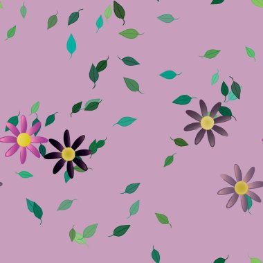 Çiçekler ve yapraklar içinde yüzen çiçeklerin vektör illüstrasyonu, düz arkaplanda dijital duvar kağıdı