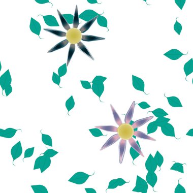 Çiçekler ve yapraklar içinde yüzen çiçeklerin vektör illüstrasyonu, düz arkaplanda dijital duvar kağıdı