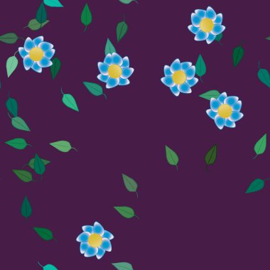 Çiçekler ve yapraklar içinde yüzen çiçeklerin vektör illüstrasyonu, düz arkaplanda dijital duvar kağıdı