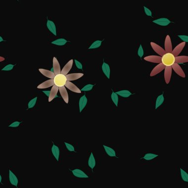 Çiçekler ve yapraklar içinde yüzen çiçeklerin vektör illüstrasyonu, düz arkaplanda dijital duvar kağıdı