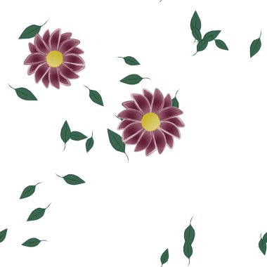 Çiçekler ve yapraklar içinde yüzen çiçeklerin vektör illüstrasyonu, düz arkaplanda dijital duvar kağıdı