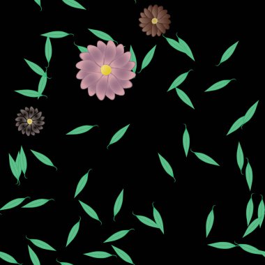 Çiçekler ve yapraklar içinde yüzen çiçeklerin vektör illüstrasyonu, düz arkaplanda dijital duvar kağıdı