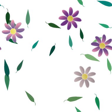 Çiçekler ve yapraklar içinde yüzen çiçeklerin vektör illüstrasyonu, düz arkaplanda dijital duvar kağıdı