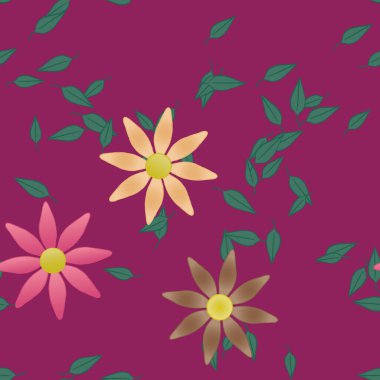 Çiçek ve yaprakların vektör illüstrasyonu, düz arkaplanda dijital duvar kağıdı