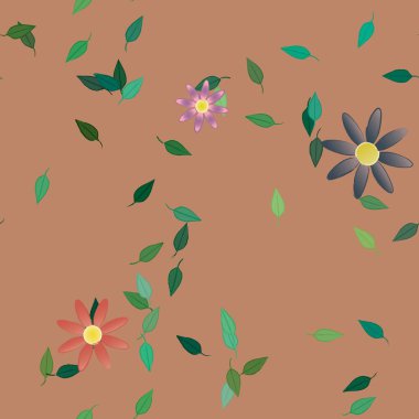 Çiçek ve yaprakların vektör illüstrasyonu, düz arkaplanda dijital duvar kağıdı