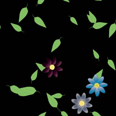 Çiçekler ve yapraklar içinde yüzen çiçeklerin vektör illüstrasyonu, düz arkaplanda dijital duvar kağıdı