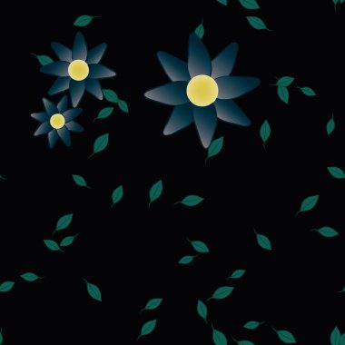 Çiçekler ve yapraklar içinde yüzen çiçeklerin vektör illüstrasyonu, düz arkaplanda dijital duvar kağıdı