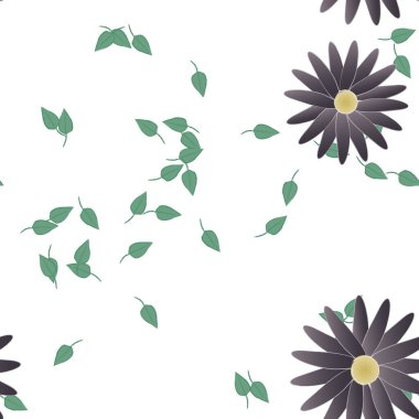 Çiçekler ve yapraklar içinde yüzen çiçeklerin vektör illüstrasyonu, düz arkaplanda dijital duvar kağıdı