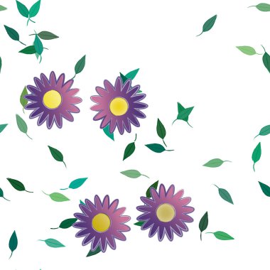 Çiçekler ve yapraklar içinde yüzen çiçeklerin vektör illüstrasyonu, düz arkaplanda dijital duvar kağıdı