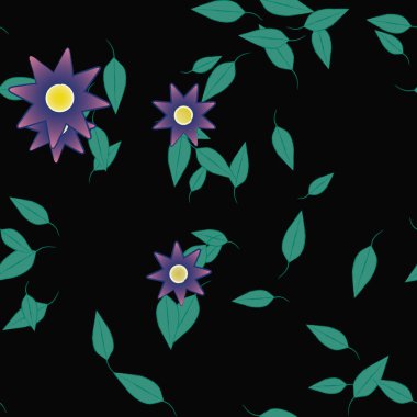 Çiçekler ve yapraklar içinde yüzen çiçeklerin vektör illüstrasyonu, düz arkaplanda dijital duvar kağıdı