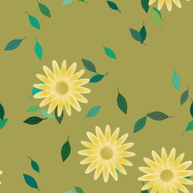 Çiçek ve yaprakların vektör illüstrasyonu, düz arkaplanda dijital duvar kağıdı