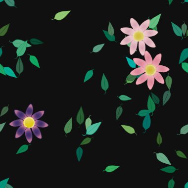 Çiçekler ve yapraklar içinde yüzen çiçeklerin vektör illüstrasyonu, düz arkaplanda dijital duvar kağıdı