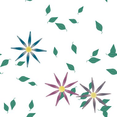 Çiçekler ve yapraklar içinde yüzen çiçeklerin vektör illüstrasyonu, düz arkaplanda dijital duvar kağıdı