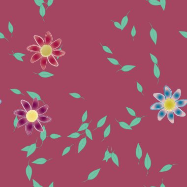 Çiçekler ve yapraklar içinde yüzen çiçeklerin vektör illüstrasyonu, düz arkaplanda dijital duvar kağıdı