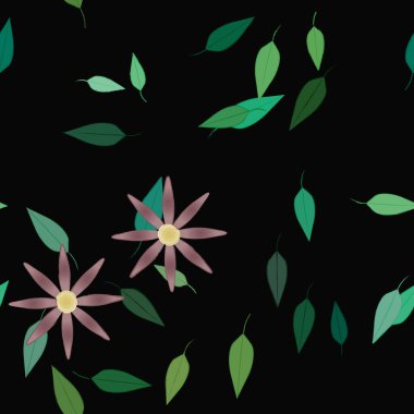 Çiçekler ve yapraklar içinde yüzen çiçeklerin vektör illüstrasyonu, düz arkaplanda dijital duvar kağıdı