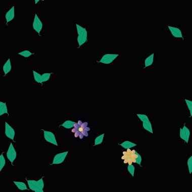 Çiçekler ve yapraklar içinde yüzen çiçeklerin vektör illüstrasyonu, düz arkaplanda dijital duvar kağıdı