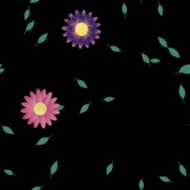 Yeşil yapraklı soyut çiçekler pürüzsüz desen, vektör çizimi