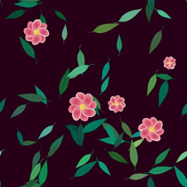 Yeşil yapraklı soyut çiçekler pürüzsüz desen, vektör çizimi