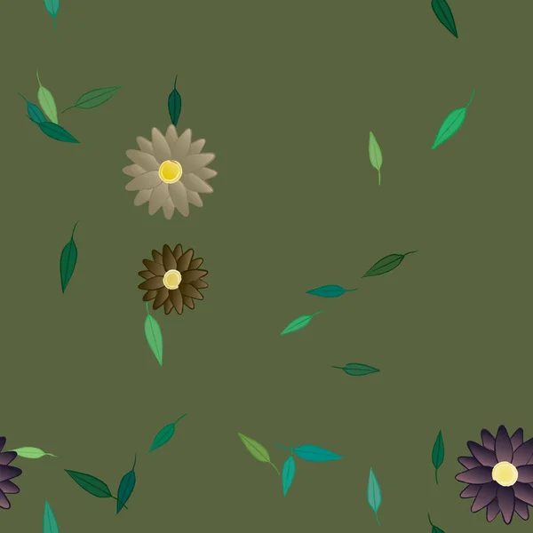 Flores Abstractas Con Hojas Verdes Patrón Sin Costura Ilustración Vectorial — Vector de stock