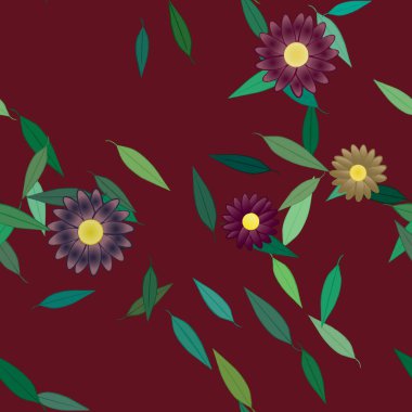 Yeşil yapraklı soyut çiçekler pürüzsüz desen, vektör çizimi