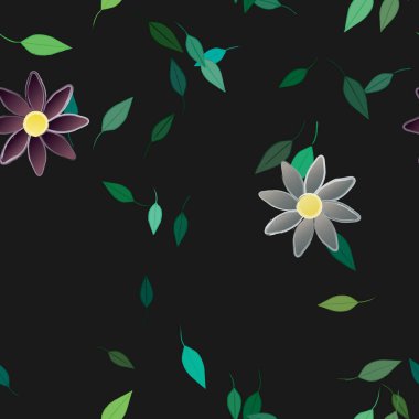 Yeşil yapraklı soyut çiçekler pürüzsüz desen, vektör çizimi