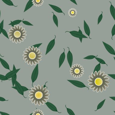 Yeşil yapraklı soyut çiçekler pürüzsüz desen, vektör çizimi